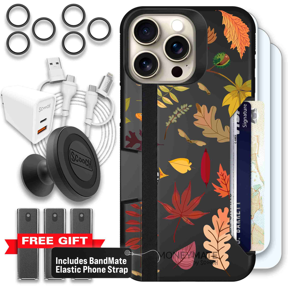 Autumn Leaves multicolored fall foliage pattern on a charcoal scoochzza Moneymate case for iPhone 15 Pro Max - Ultimate Bundle