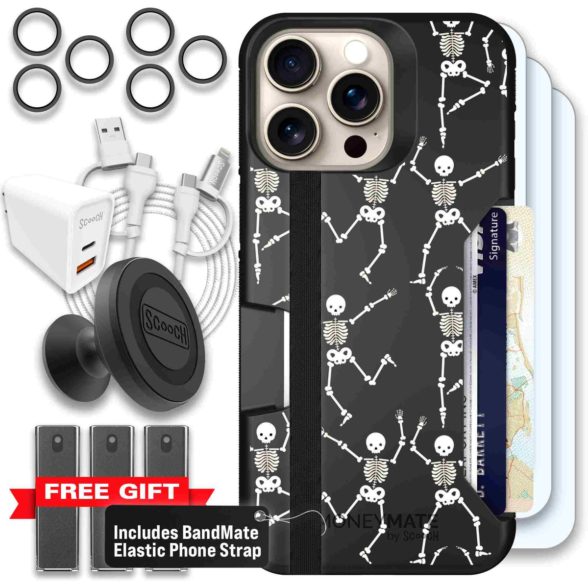 Swinging Skeletons white dancing skeleton pattern on a black scoochzza Moneymate case for iPhone 15 Pro Max - Ultimate Bundle