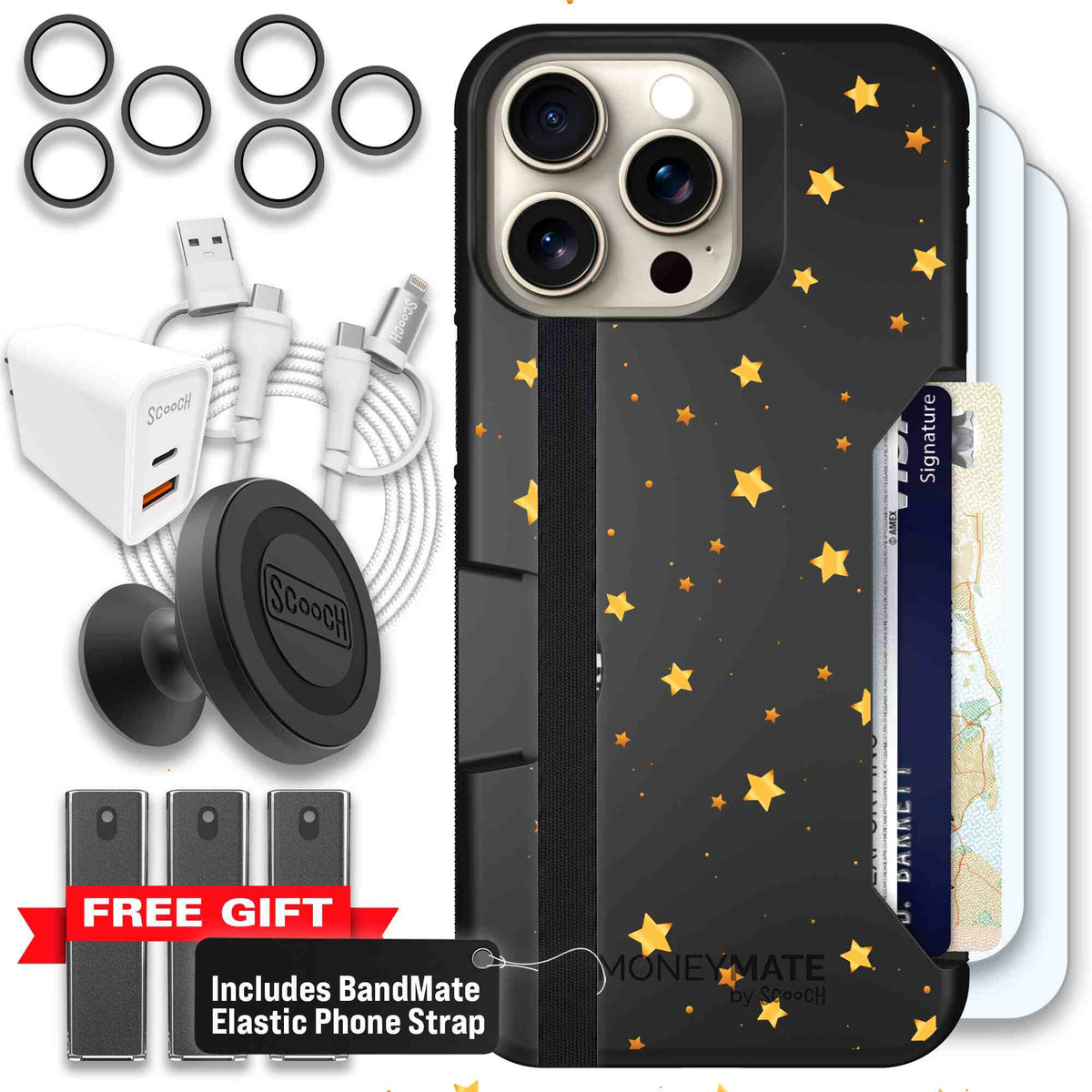 Gold Stars yellow and gold star pattern on a charcoal scoochzza Moneymate case for iPhone 15 Pro Max - Ultimate Bundle