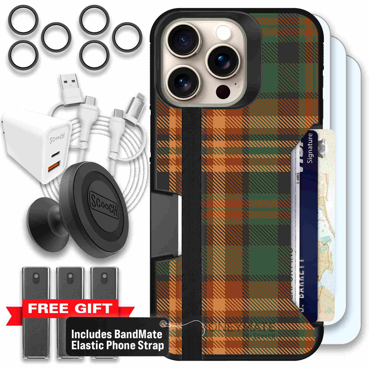 Fall Flannel orange and brown plaid pattern on a scoochzza Moneymate case for iPhone 15 Pro Max - Ultimate Bundle