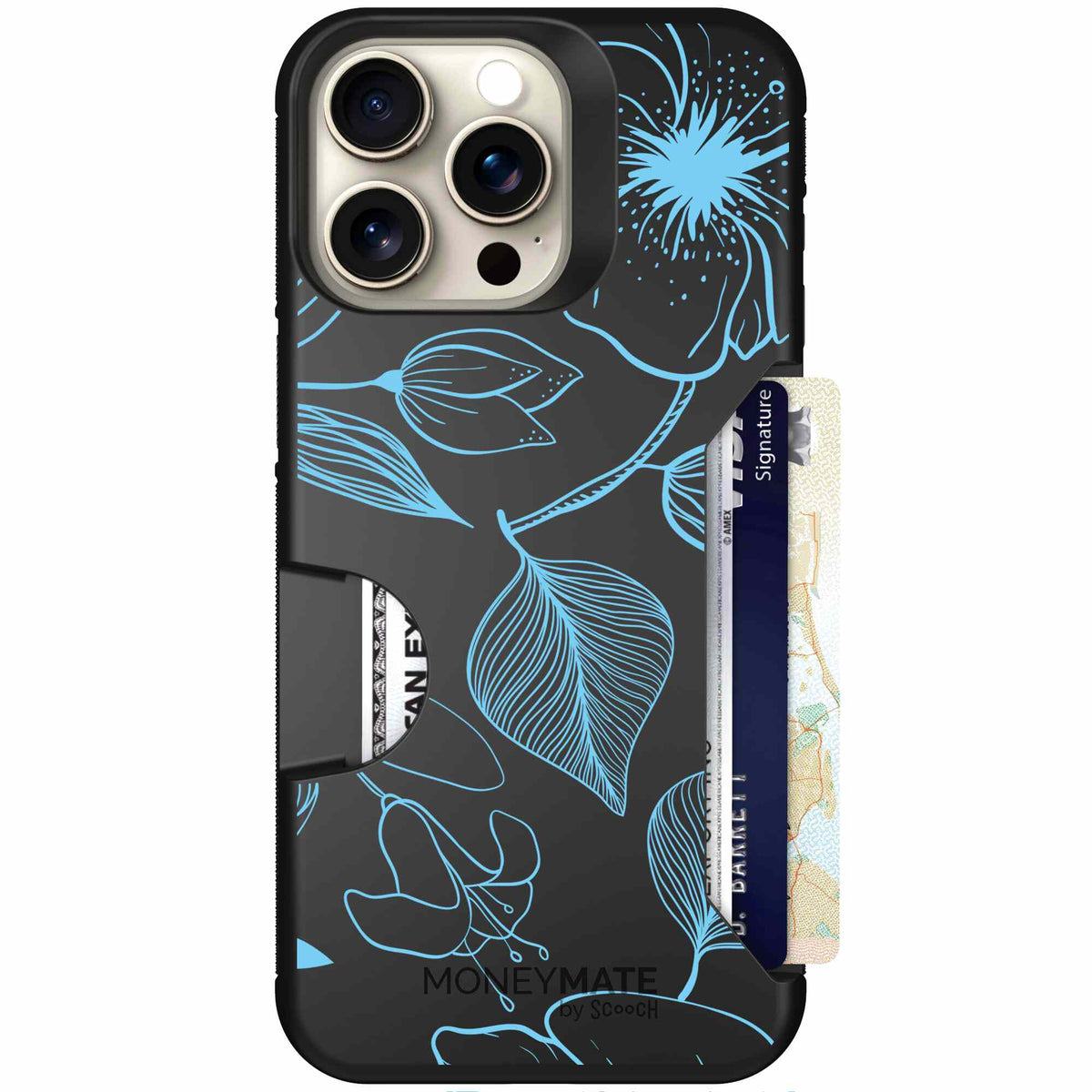 Blue Hibiscus cyan-blue tropical flower pattern on a charcoal scoochzza Moneymate case for iPhone 15 Pro Max