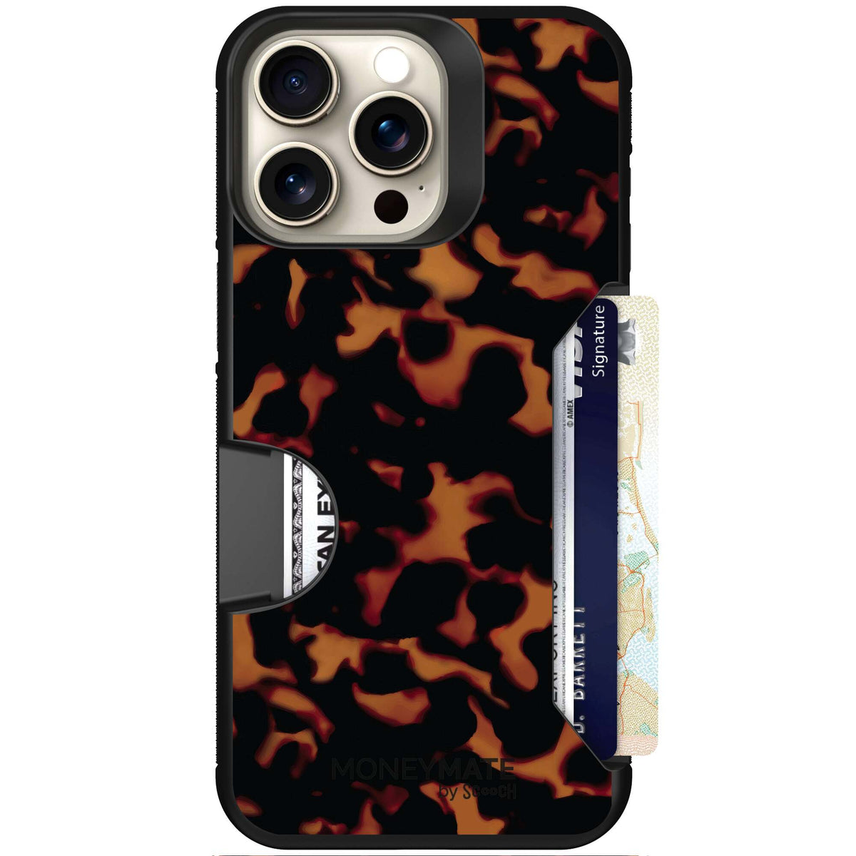 Tortoise Shell amber brown and black mottled pattern on a scoochzza Moneymate case for iPhone 15 Pro Max