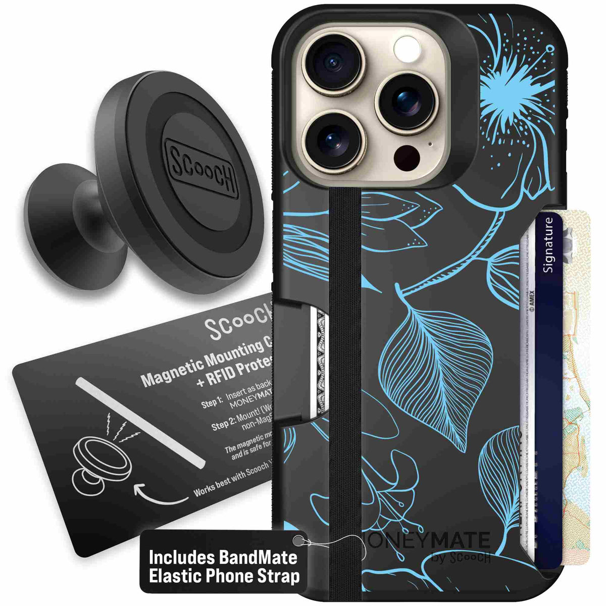 Blue Hibiscus cyan-blue tropical flower pattern on a charcoal scoochzza Moneymate case for iPhone 15 Pro - Starter Bundle
