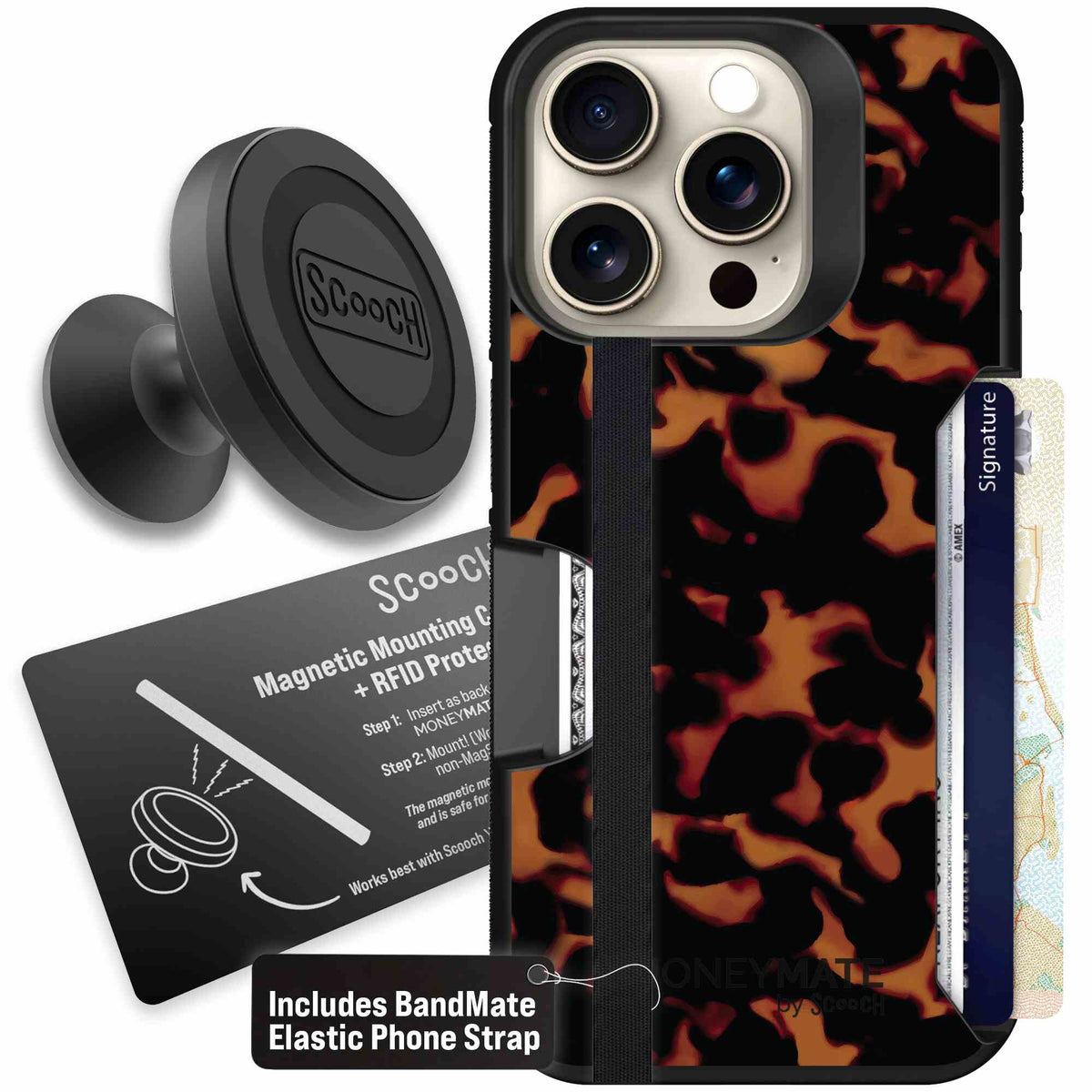 Tortoise Shell amber brown and black mottled pattern on a scoochzza Moneymate case for iPhone 15 Pro - Starter Bundle