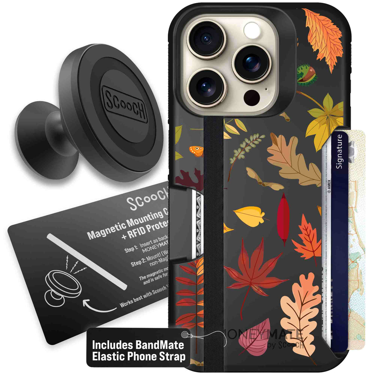 Autumn Leaves multicolored fall foliage pattern on a charcoal scoochzza Moneymate case for iPhone 15 Pro - Starter Bundle