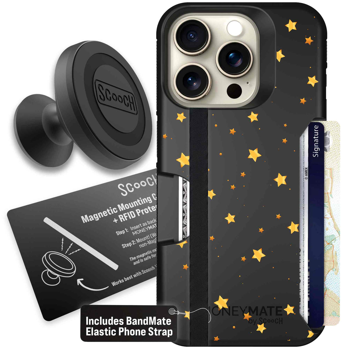 Gold Stars yellow and gold star pattern on a charcoal scoochzza Moneymate case for iPhone 15 Pro - Starter Bundle