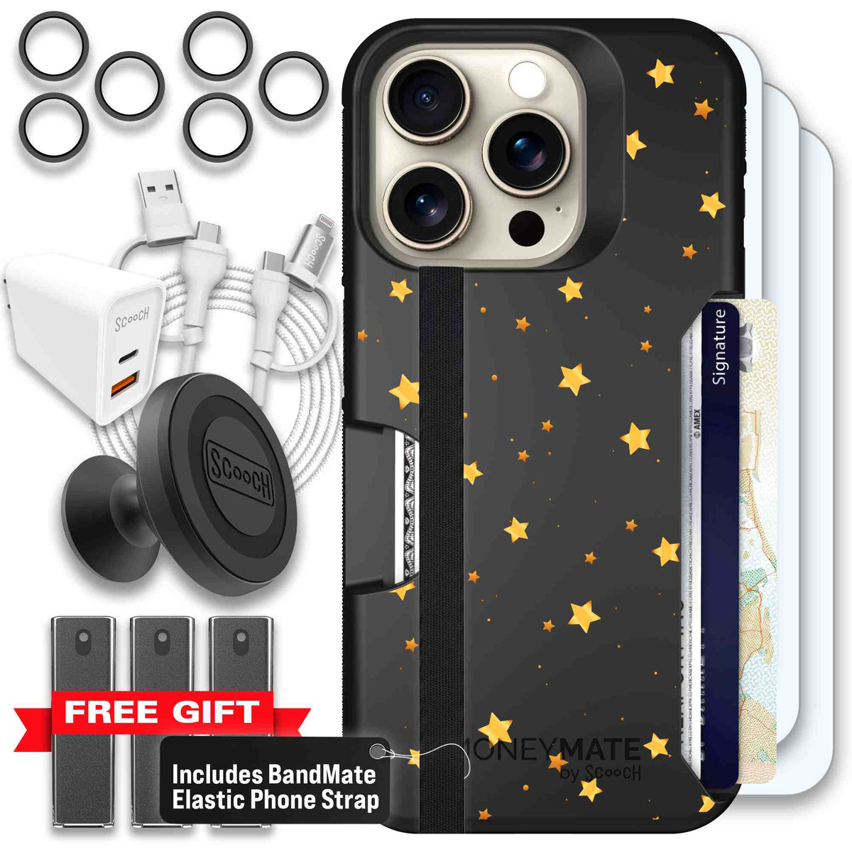 Gold Stars yellow and gold star pattern on a charcoal scoochzza Moneymate case for iPhone 15 Pro - Ultimate Bundle