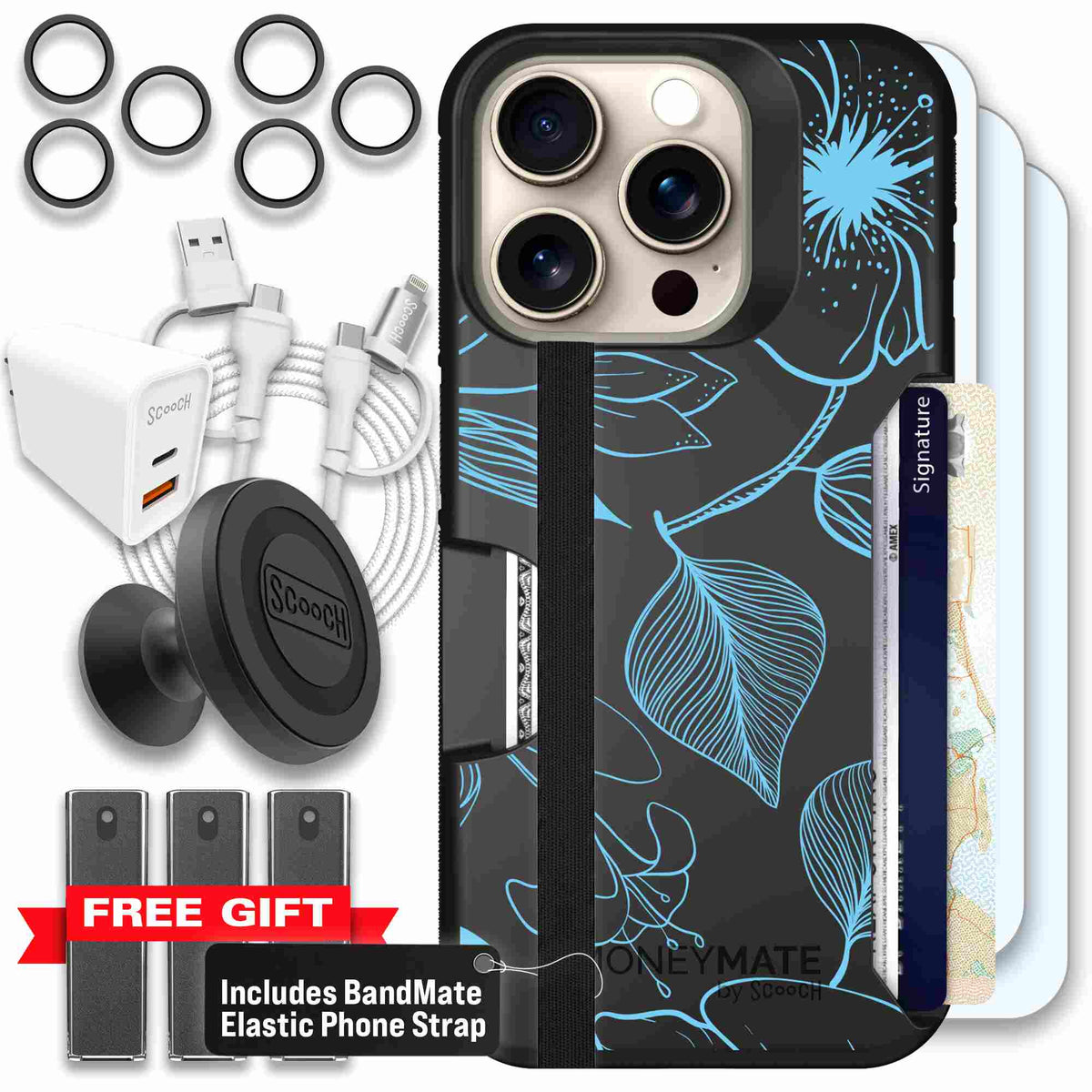Blue Hibiscus cyan-blue tropical flower pattern on a charcoal scoochzza Moneymate case for iPhone 15 Pro - Ultimate Bundle