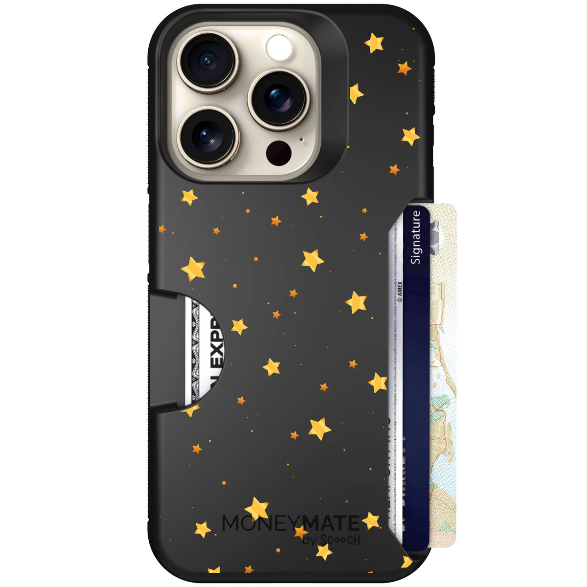Gold Stars yellow and gold star pattern on a charcoal scoochzza Moneymate case for iPhone 15 Pro