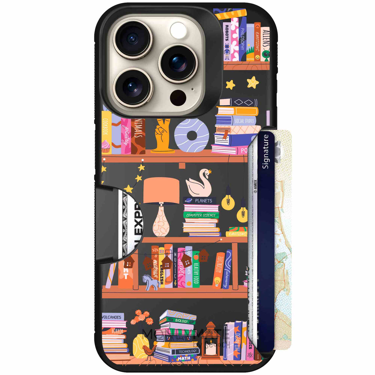 Little Library colorful book and bookshelf pattern on a scoochzza Moneymate case for iPhone 15 Pro