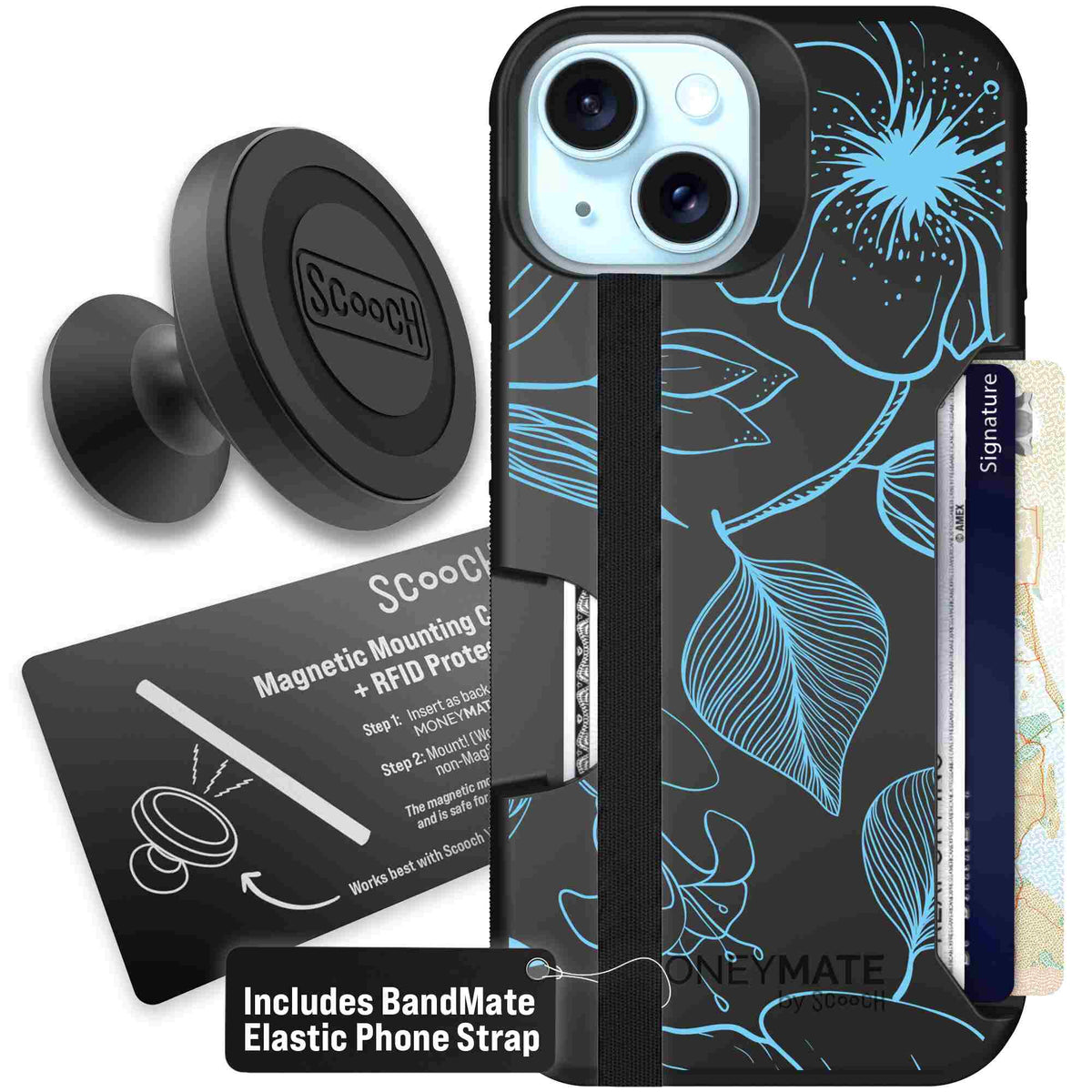 Blue Hibiscus cyan-blue tropical flower pattern on a charcoal scoochzza Moneymate case for iPhone 15 - Starter Bundle