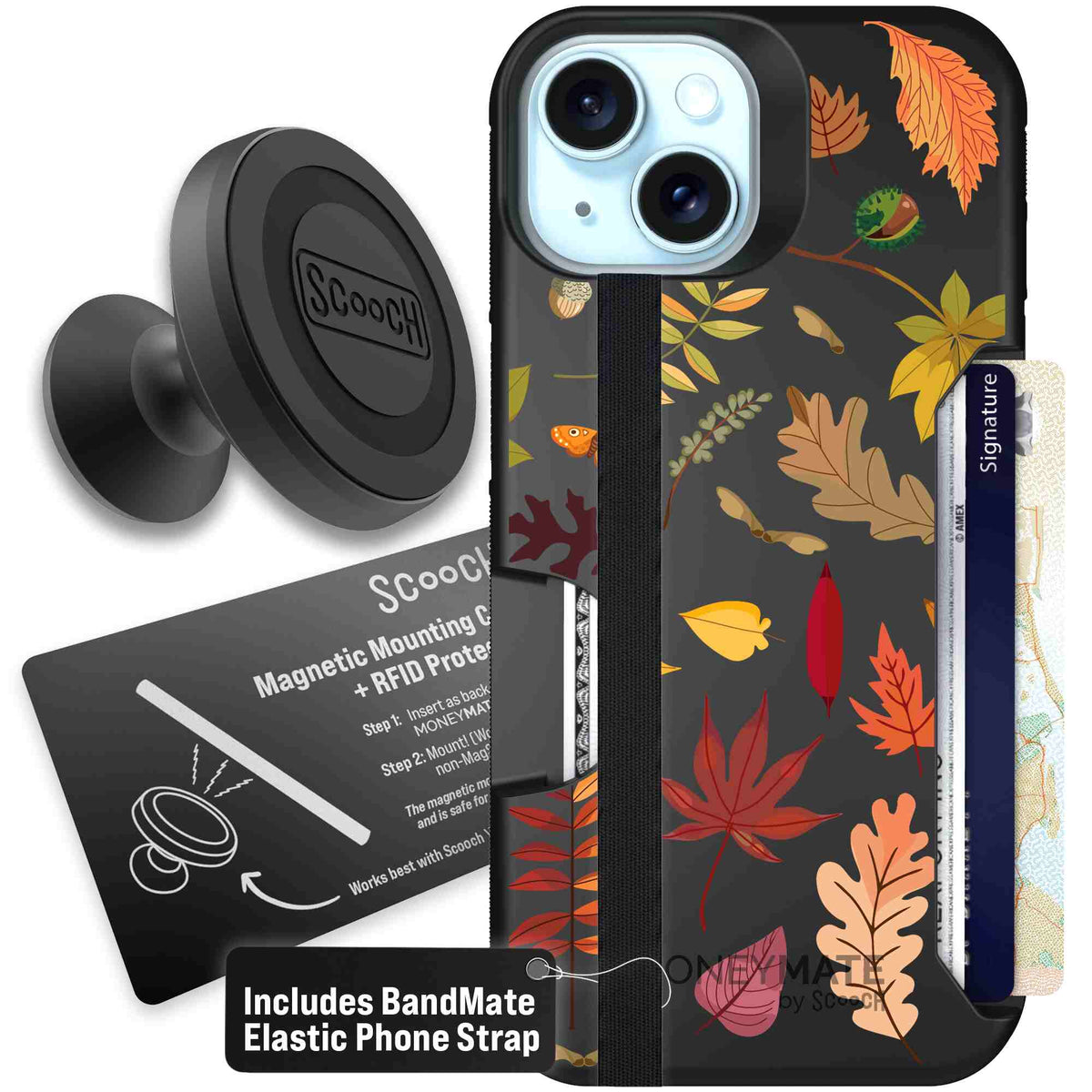Autumn Leaves multicolored fall foliage pattern on a charcoal scoochzza Moneymate case for iPhone 15 - Starter Bundle