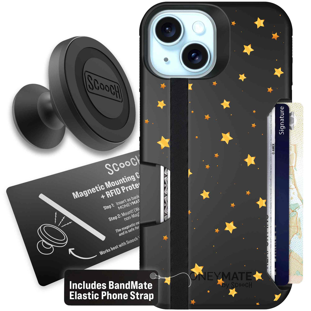 Gold Stars yellow and gold star pattern on a charcoal scoochzza Moneymate case for iPhone 15 - Starter Bundle