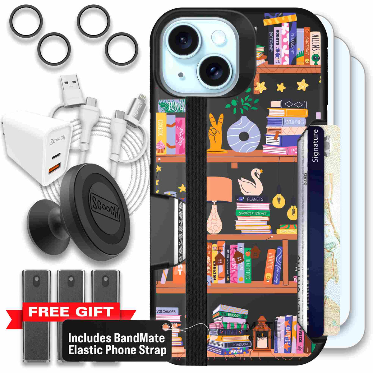 Little Library colorful book and bookshelf pattern on a scoochzza Moneymate case for iPhone 15 - Ultimate Bundle