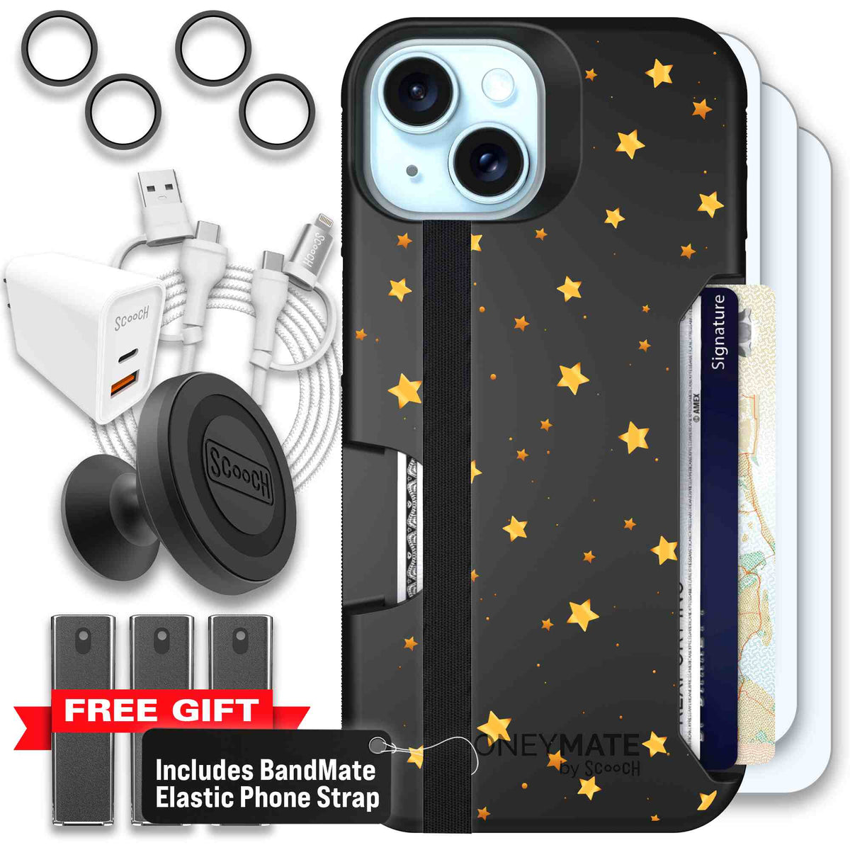 Gold Stars yellow and gold star pattern on a charcoal scoochzza Moneymate case for iPhone 15 - Ultimate Bundle