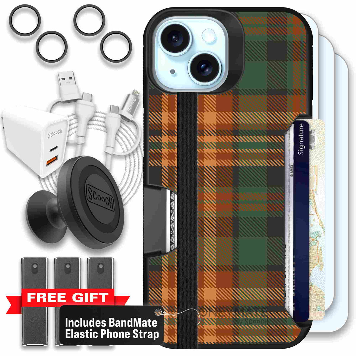Fall Flannel orange and brown plaid pattern on a scoochzza Moneymate case for iPhone 15 - Ultimate Bundle