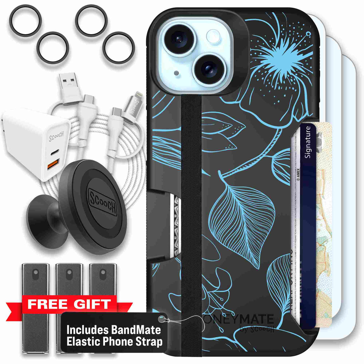 Blue Hibiscus cyan-blue tropical flower pattern on a charcoal scoochzza Moneymate case for iPhone 15 - Ultimate Bundle