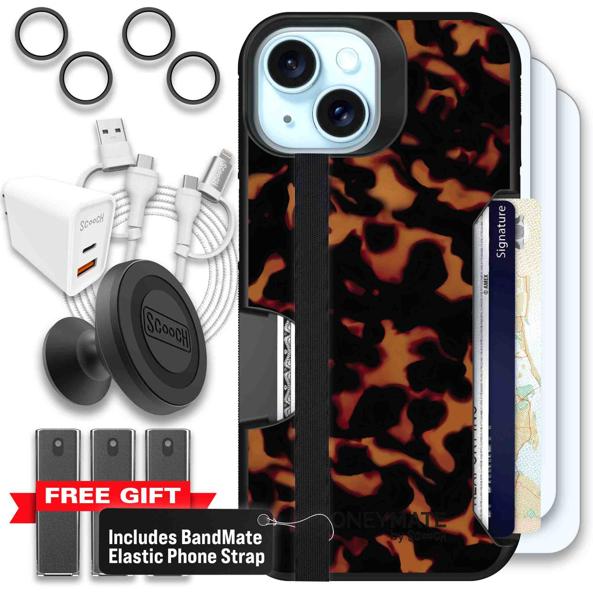 Tortoise Shell amber brown and black mottled pattern on a scoochzza Moneymate case for iPhone 15 - Ultimate Bundle