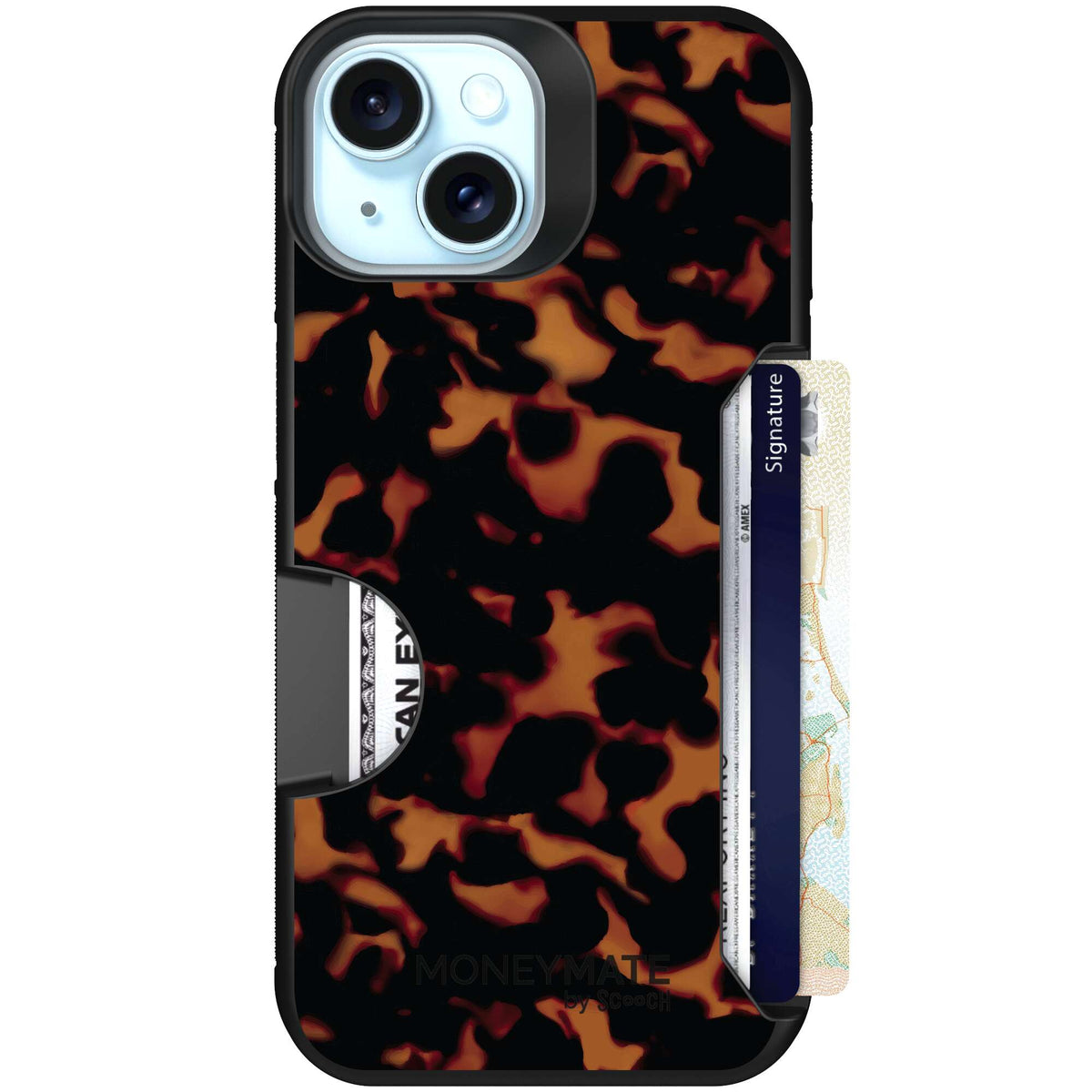 Tortoise Shell amber brown and black mottled pattern on a scoochzza Moneymate case for iPhone 15