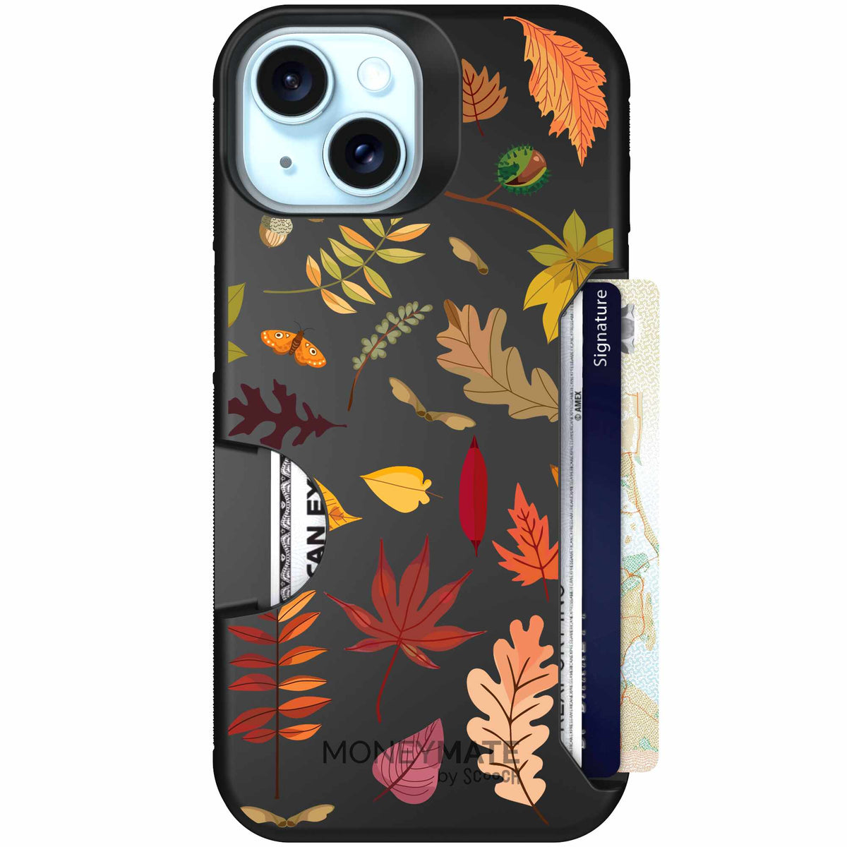 Autumn Leaves multicolored fall foliage pattern on a charcoal scoochzza Moneymate case for iPhone 15