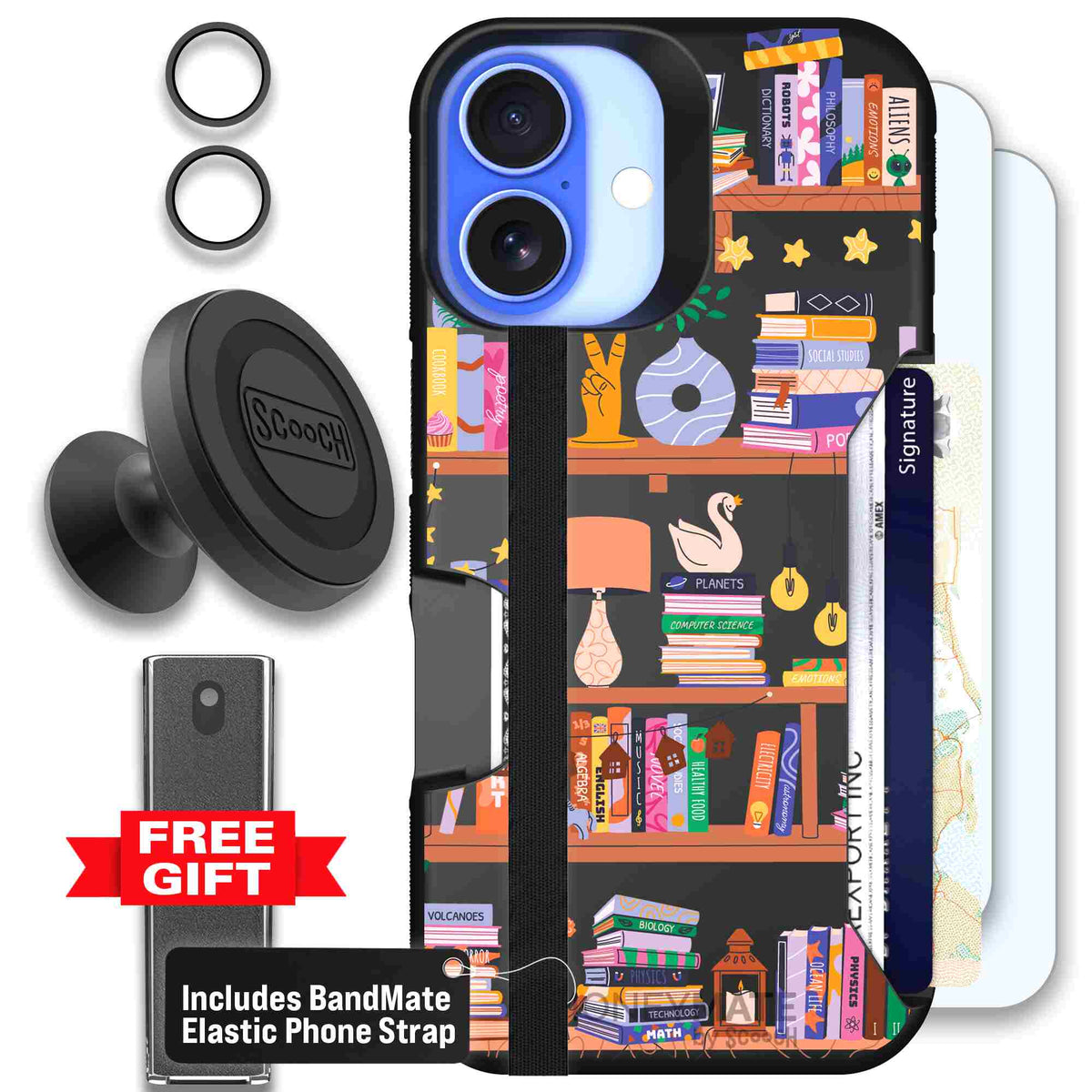 Little Library colorful book and bookshelf pattern on a scoochzza Moneymate case for iPhone 16 - Defender Bundle
