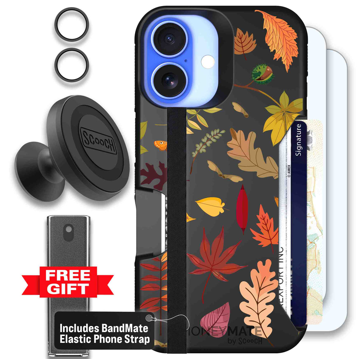 Autumn Leaves multicolored fall foliage pattern on a charcoal scoochzza Moneymate case for iPhone 16 - Defender Bundle