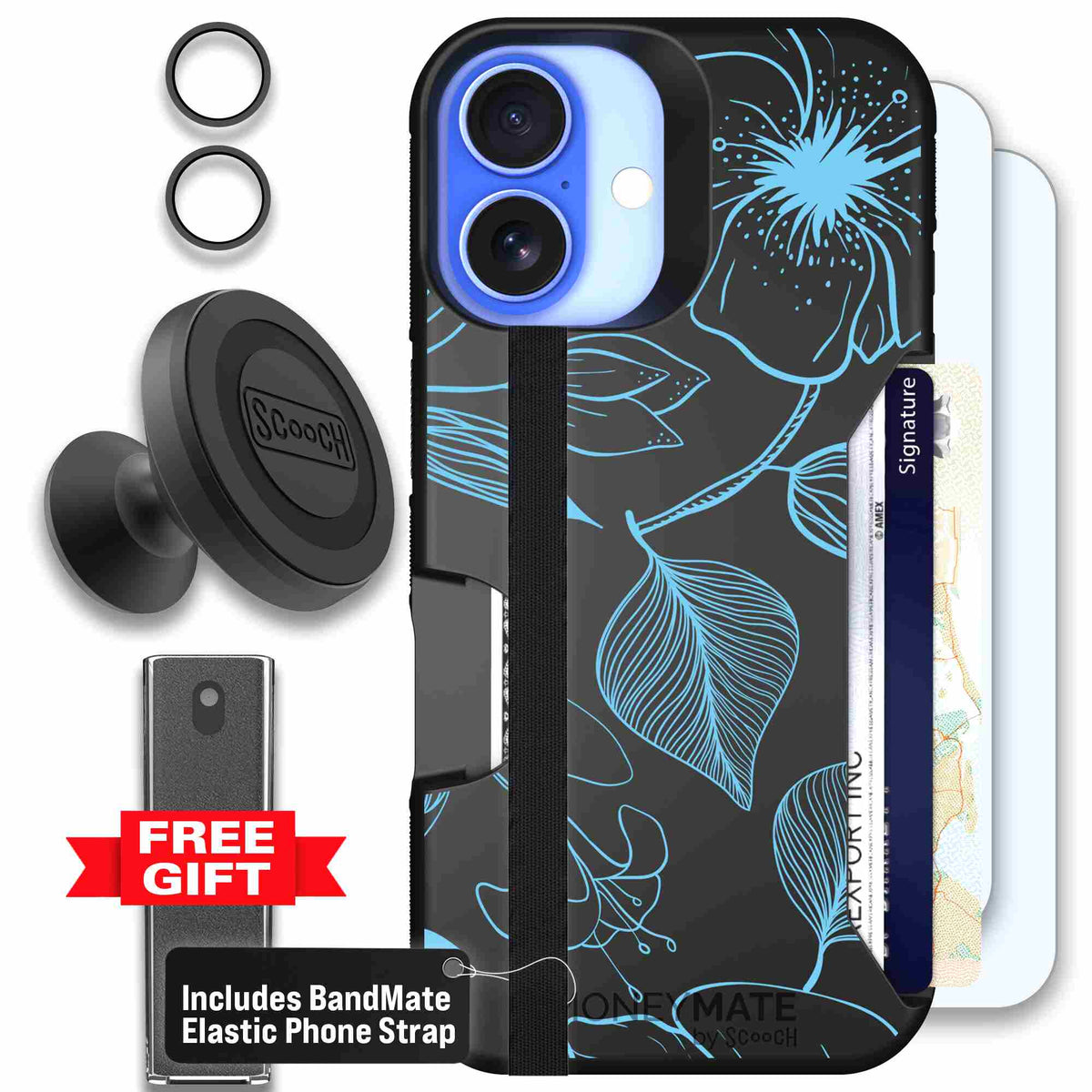 Blue Hibiscus cyan-blue tropical flower pattern on a charcoal scoochzza Moneymate case for iPhone 16 - Defender Bundle