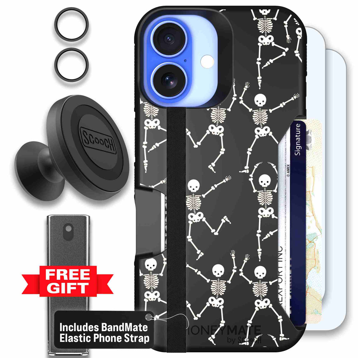 Swinging Skeletons white dancing skeleton pattern on a black scoochzza Moneymate case for iPhone 16 - Defender Bundle