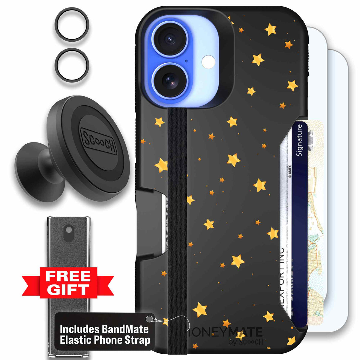 Gold Stars yellow and gold star pattern on a charcoal scoochzza Moneymate case for iPhone 16 - Defender Bundle