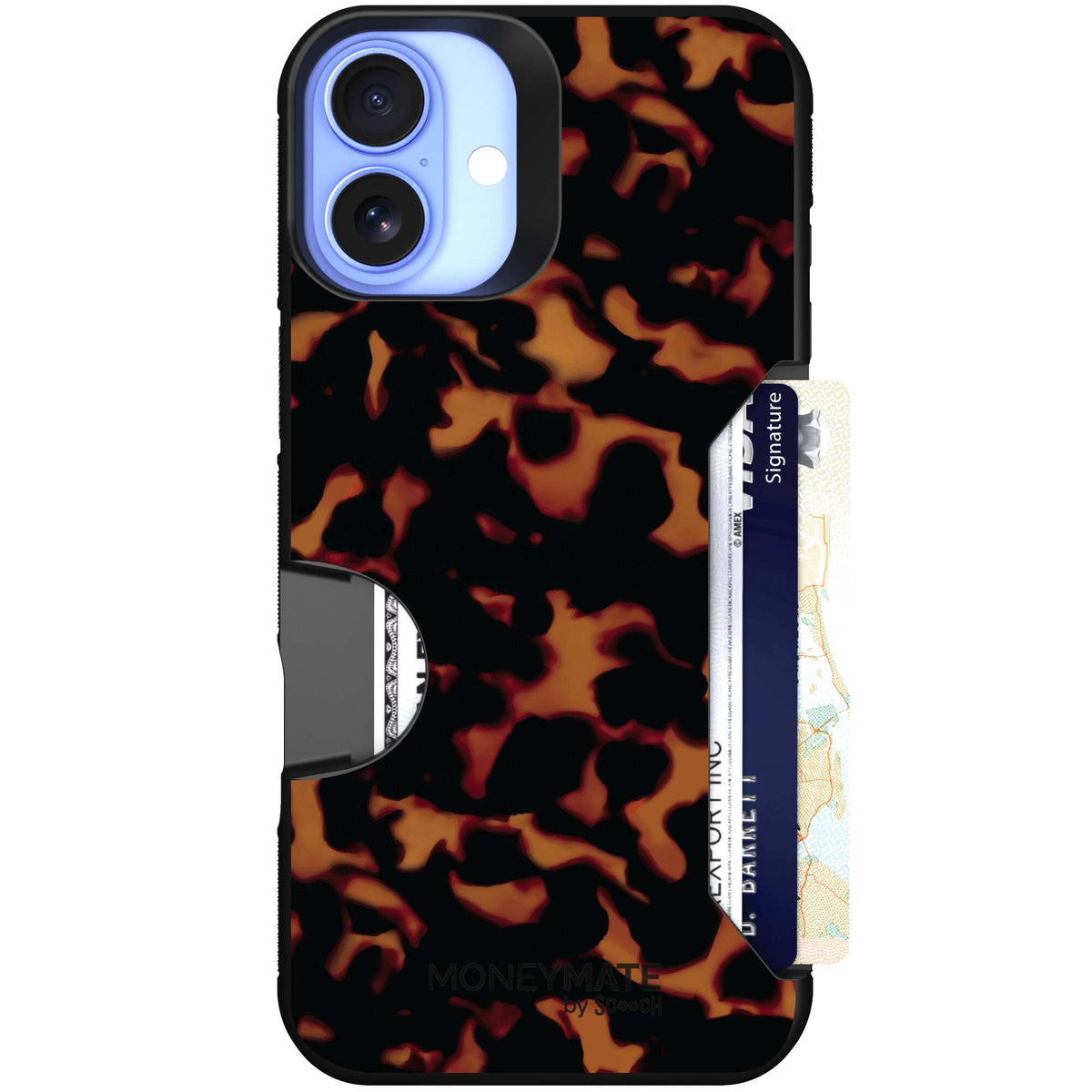 Tortoise Shell amber brown and black mottled pattern on a scoochzza Moneymate case for iPhone 16 Plus