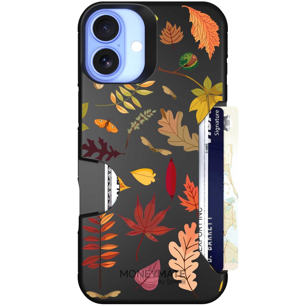 Autumn Leaves multicolored fall foliage pattern on a charcoal scoochzza Moneymate case for iPhone 16 Plus