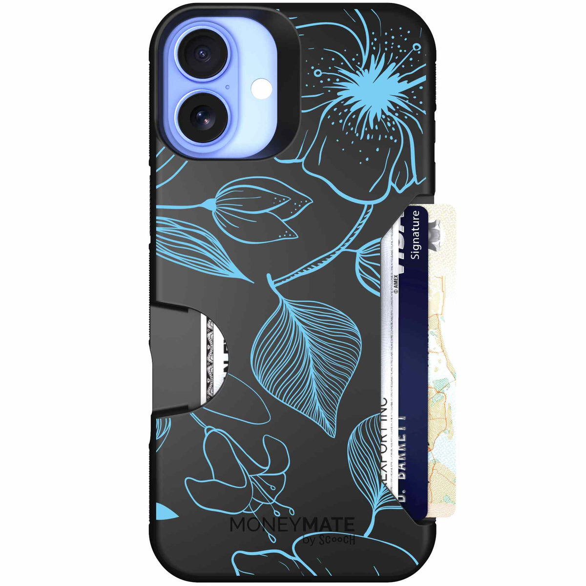 Blue Hibiscus cyan-blue tropical flower pattern on a charcoal scoochzza Moneymate case for iPhone 16 Plus