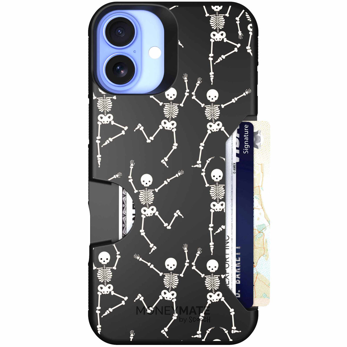 Swinging Skeletons white dancing skeleton pattern on a black scoochzza Moneymate case for iPhone 16 Plus