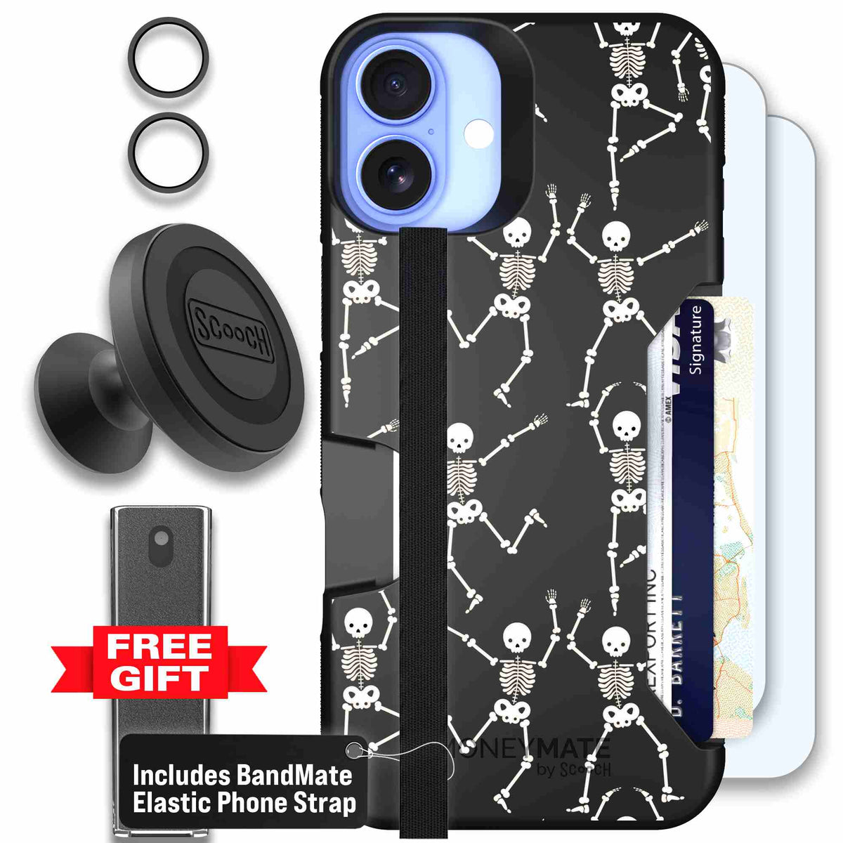 Swinging Skeletons white dancing skeleton pattern on a black scoochzza Moneymate case for iPhone 16 Plus - Defender Bundle