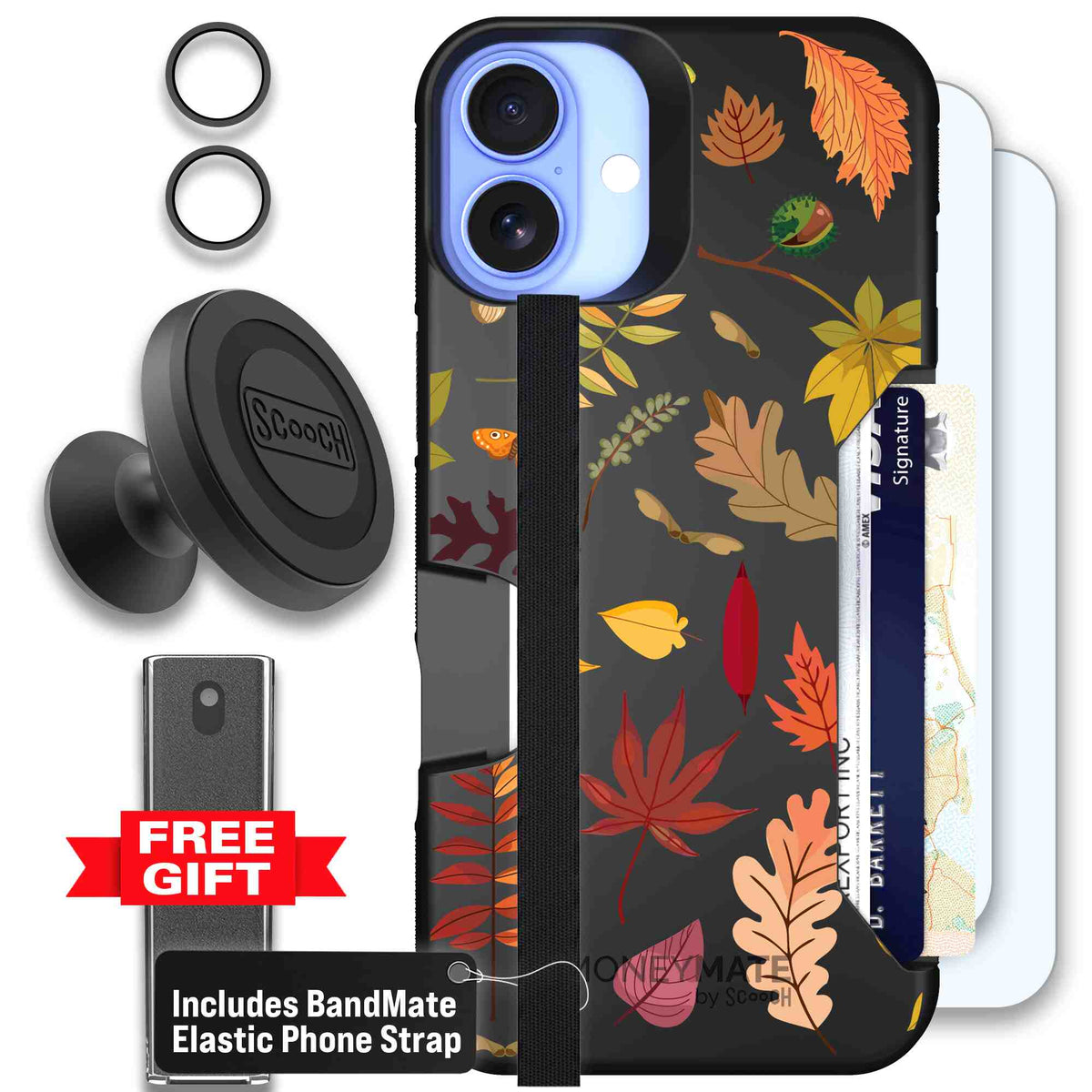 Autumn Leaves multicolored fall foliage pattern on a charcoal scoochzza Moneymate case for iPhone 16 Plus - Defender Bundle