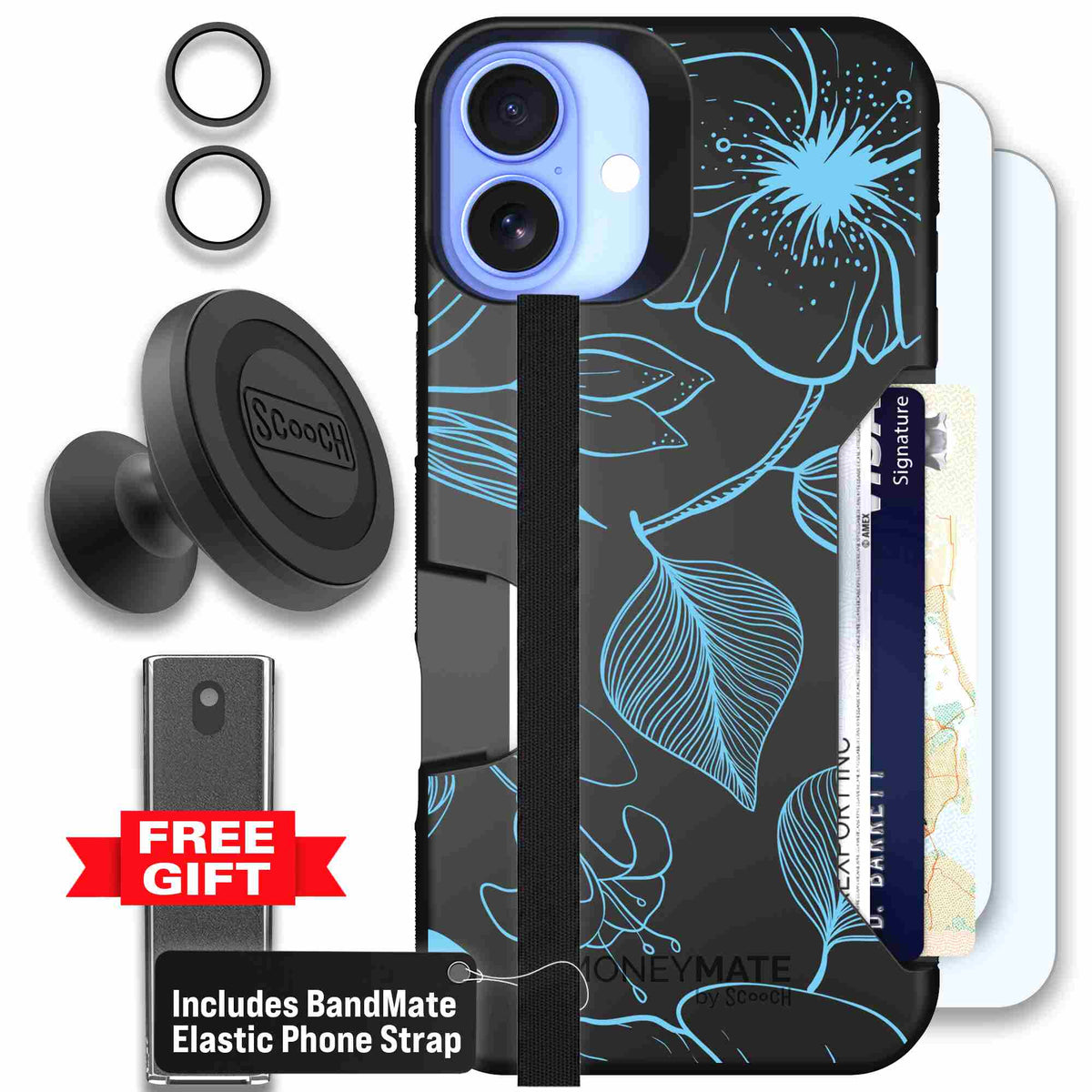 Blue Hibiscus cyan-blue tropical flower pattern on a charcoal scoochzza Moneymate case for iPhone 16 Plus - Defender Bundle