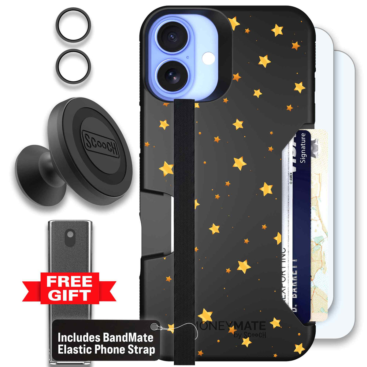 Gold Stars yellow and gold star pattern on a charcoal scoochzza Moneymate case for iPhone 16 Plus - Defender Bundle
