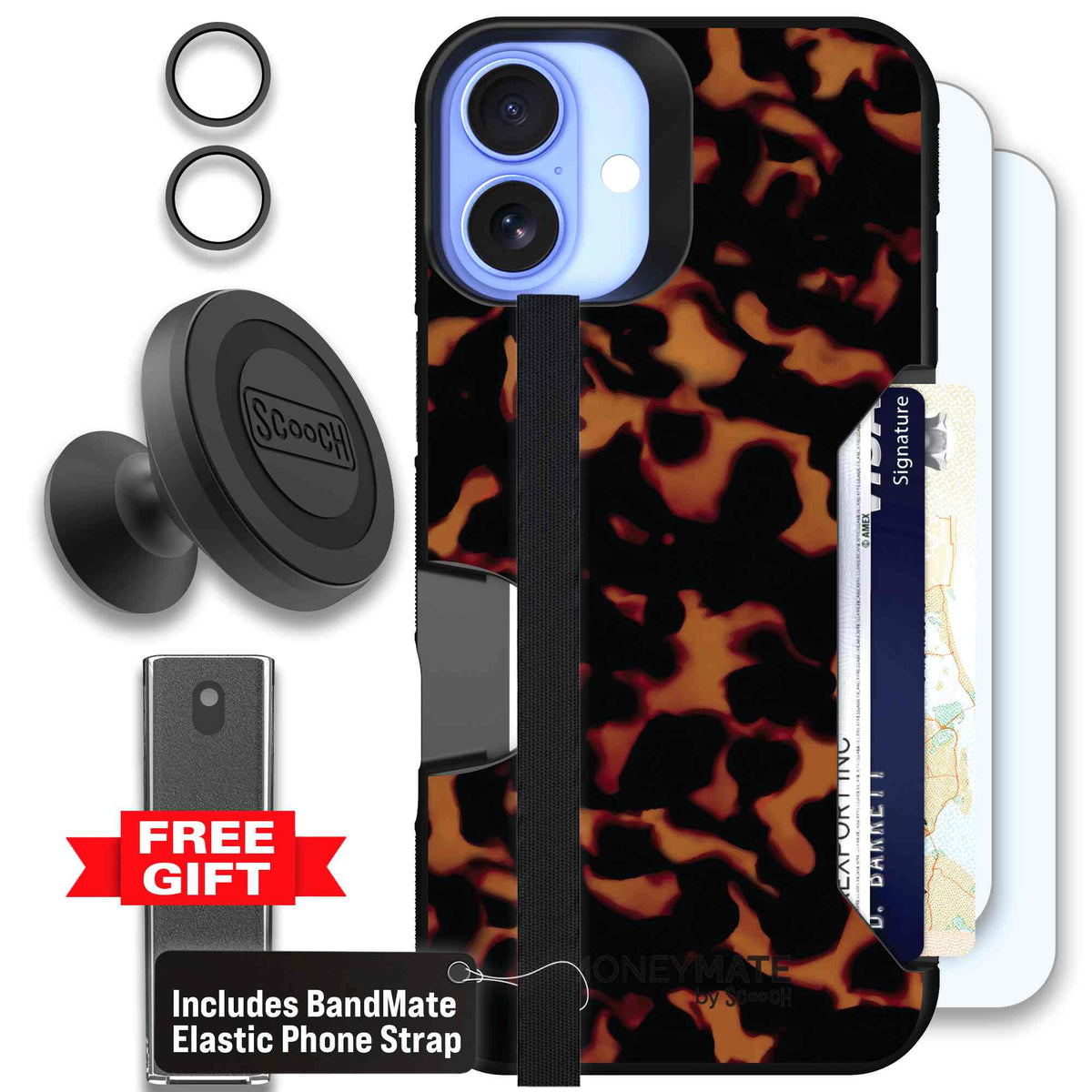 Tortoise Shell amber brown and black mottled pattern on a scoochzza Moneymate case for iPhone 16 Plus - Defender Bundle