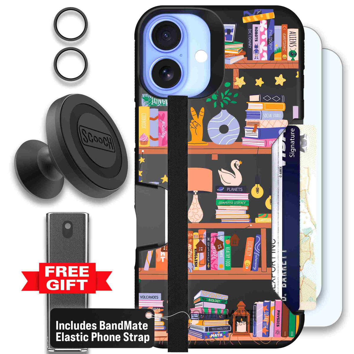 Little Library colorful book and bookshelf pattern on a scoochzza Moneymate case for iPhone 16 Plus - Defender Bundle