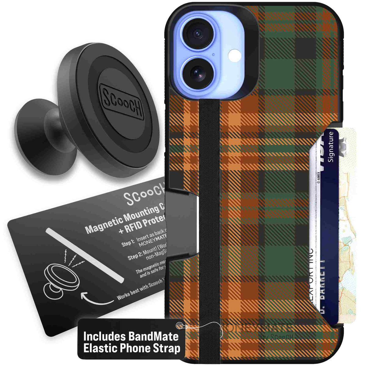 Fall Flannel orange and brown plaid pattern on a scoochzza Moneymate case for iPhone 16 Plus - Starter Bundle