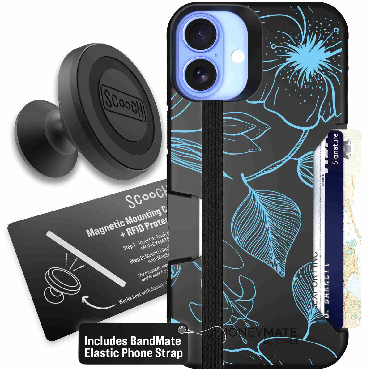 Blue Hibiscus cyan-blue tropical flower pattern on a charcoal scoochzza Moneymate case for iPhone 16 Plus - Starter Bundle