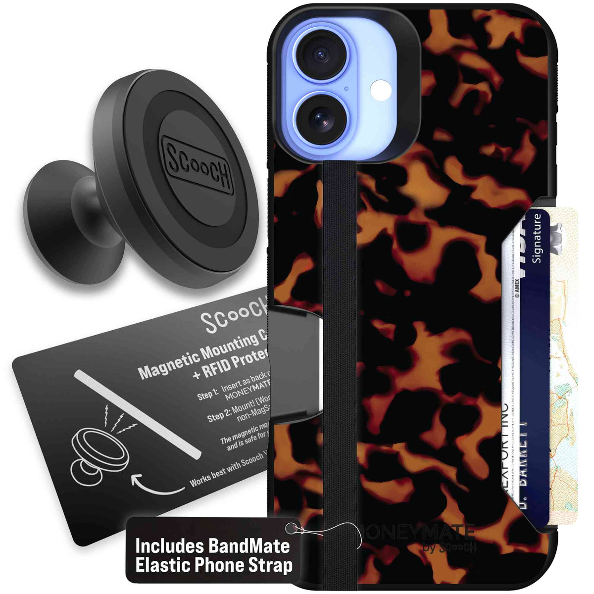 Tortoise Shell amber brown and black mottled pattern on a scoochzza Moneymate case for iPhone 16 Plus - Starter Bundle