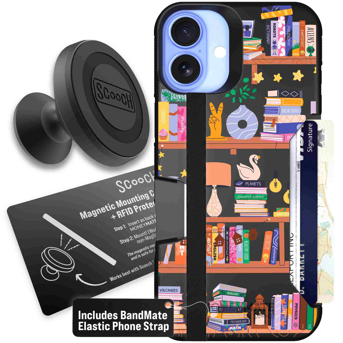 Little Library colorful book and bookshelf pattern on a scoochzza Moneymate case for iPhone 16 Plus - Starter Bundle