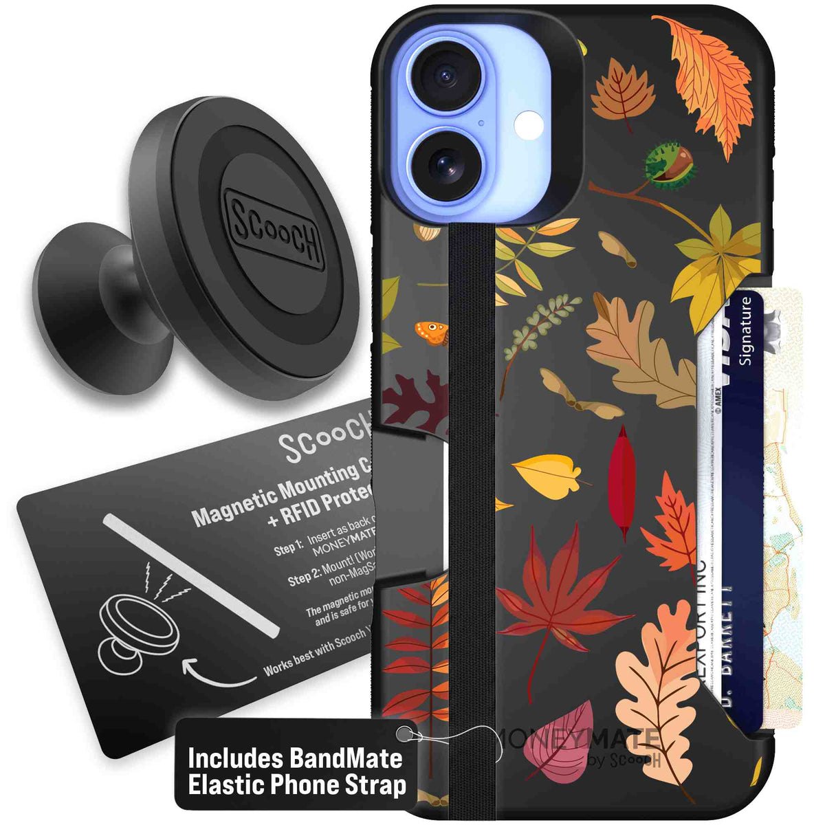 Autumn Leaves multicolored fall foliage pattern on a charcoal scoochzza Moneymate case for iPhone 16 Plus - Starter Bundle