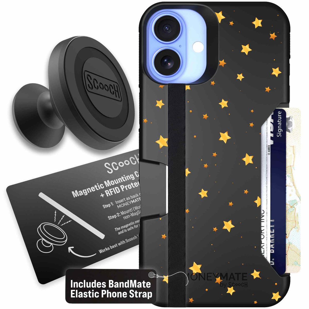 Gold Stars yellow and gold star pattern on a charcoal scoochzza Moneymate case for iPhone 16 Plus - Starter Bundle