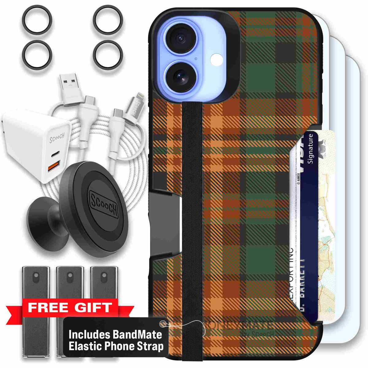 Fall Flannel orange and brown plaid pattern on a scoochzza Moneymate case for iPhone 16 Plus - Ultimate Bundle