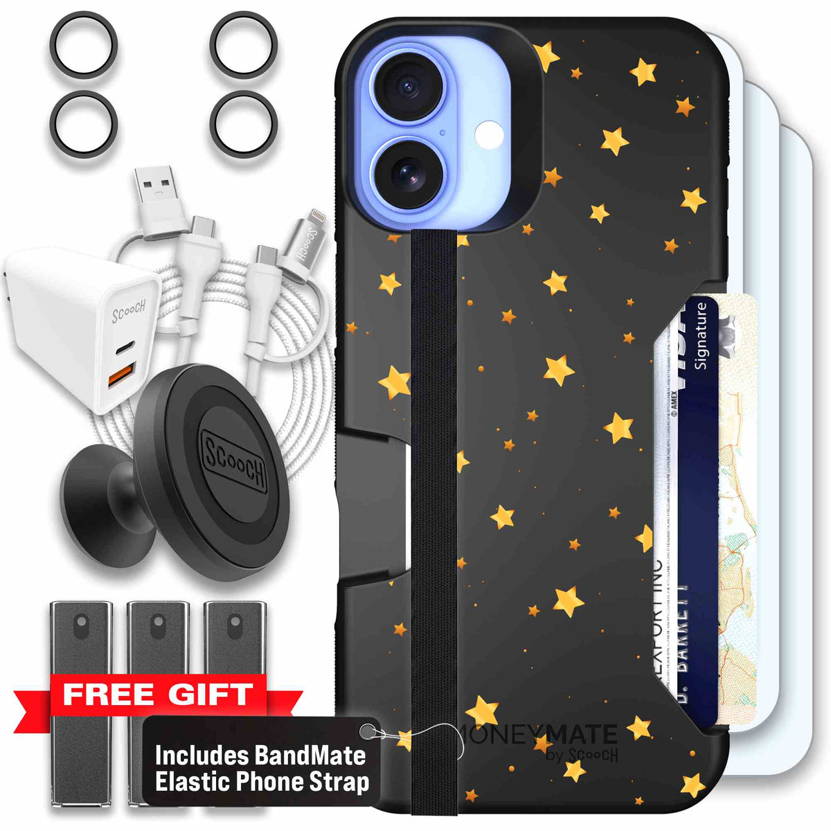 Gold Stars yellow and gold star pattern on a charcoal scoochzza Moneymate case for iPhone 16 Plus - Ultimate Bundle