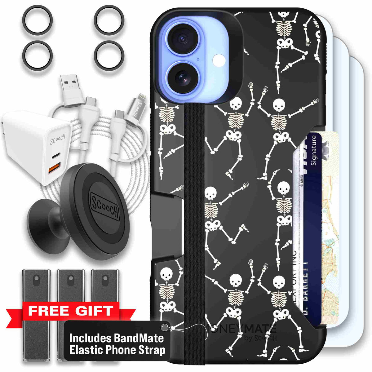 Swinging Skeletons white dancing skeleton pattern on a black scoochzza Moneymate case for iPhone 16 Plus - Ultimate Bundle