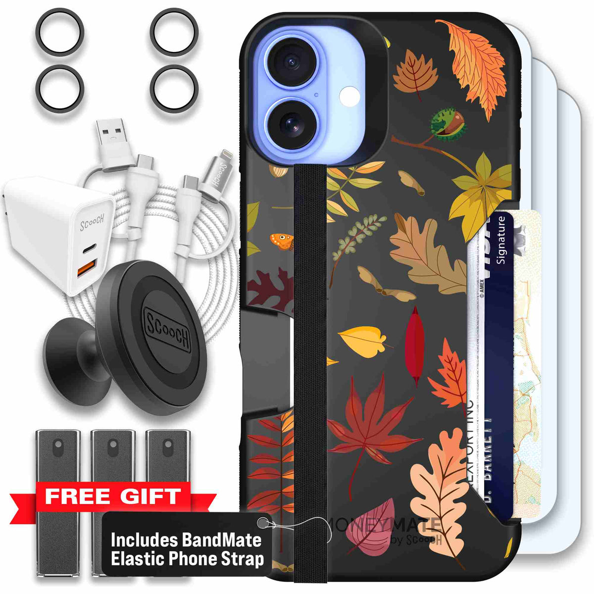 Autumn Leaves multicolored fall foliage pattern on a charcoal scoochzza Moneymate case for iPhone 16 Plus - Ultimate Bundle