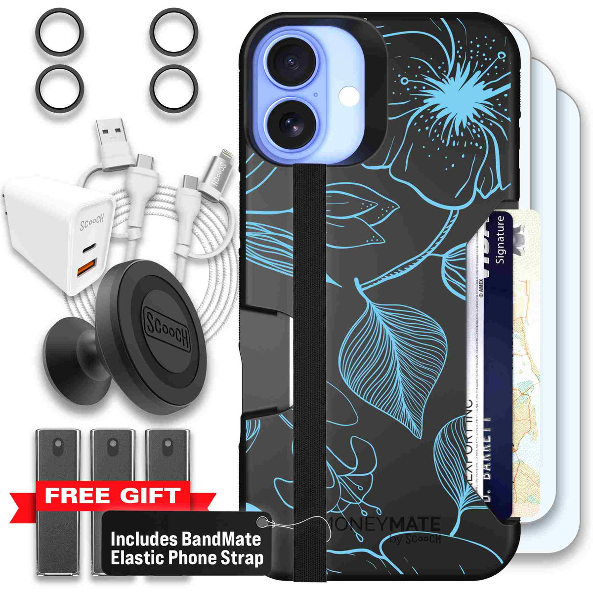 Blue Hibiscus cyan-blue tropical flower pattern on a charcoal scoochzza Moneymate case for iPhone 16 Plus - Ultimate Bundle